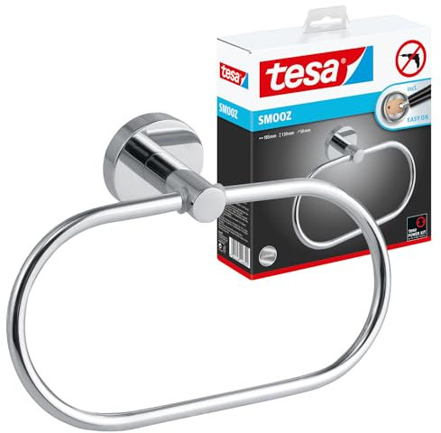 tesa SMOOZ Handtuchring, verchromt - Handtuchhalter-Ring oval - zur Wandbefestigung ohne Bohren, inkl. Klebelösung - 185mm x 130mm x 50mm