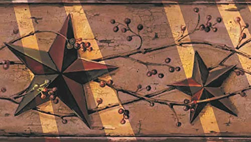 Dundee Deco DDAZBD9001 Tapetenbordüre zum Abziehen und Aufkleben, Retro-Braun, gelbe Zinnsterne, Beeren-Wandbordüre, Retro-Design, 4,57 m x 17,78 cm, selbstklebend