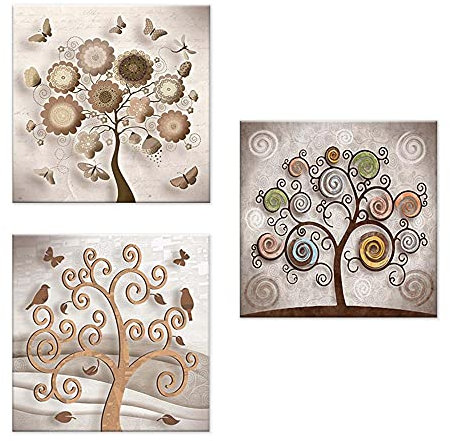 Lupia - Set 3 Quadri su Tela Canvas Day Tree 38x38 cm Albero della Vita, Stampa Vivida, Pronto da Appendere, Decorazione per Soggiorno, Capezzale Testiera Camera da Letto, Cucina, Ufficio
