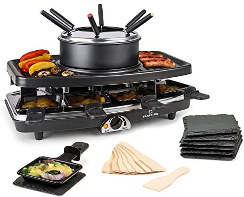 Klarstein Raclette 8 Personas, 3 en 1 con Grill y Set de Fondue, Raclette de Piedra para Carne 1100W, Parrilla para Mesa con 8 Sartenes Pequeñas y Tenedores de Fondue para Fundir Queso