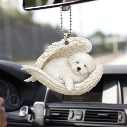 Talataca Malteser schlafender Engel Gedenkstätte Weiß Welpe Hund Tier Haustier Niedlich 2D Flach Auto Rückspiegel Zubehör Weihnachtsbaum Ornament Dekoration Hängender Charme Innen Rückansicht Anhänger