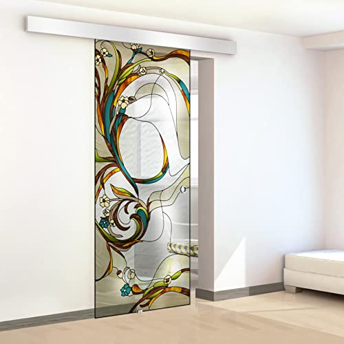 Stained Glass Sliding Door for Interior Hand-Painted Model SI Yellow 85x215 cm (Available 60/85/95 cm) 8 mm Clear Glass, Complete Hardware kit, Hanging Rail Track (85x215 cm, Left)