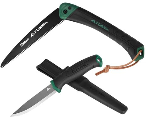 FLISSA Outdoor Messer & Handsäge Set, Jagdmesser feststehende Klinge mit Scheide, Astsäge klappbar mit Sicherheitsverschluss, Klingenlänge 105mm, Sägeblattlänge 180 mm, Für Outdoor, Camping, Garten