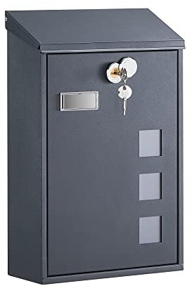 SONGMICS Post Box, Wall Mounted Letterbox, Mailbox, Copper Lock Cylinder with Swivel Cap, Viewing Windows, Nameplate, Easy to Install, 11.5 x 25.5 x 39.5 cm, Anthracite Grey GMB031G01