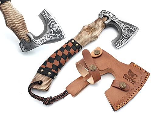 QEPAA CRAFTS 13” Inch Valhalla Axe – Carbon Steel Viking Axe Head with Engraved Handle, Hatchet Axe with Genuine Leather Sheath and Wrap, Camping Axe, Throwing Axe -Viking Gift for Men