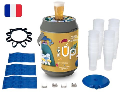 BEER UP PLUS décor Epicurien - Tireuse à bières portative - 20 verres + Ceinture porte verres - fûts Beertender - 20h de froid sans électricité - remplissage par le fond des verres
