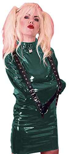 Stretchig elastisk bandage klänning latex PVC dragkedja mikro miniklänning blank punk dans fest klubb klänning, mörkgrön, M