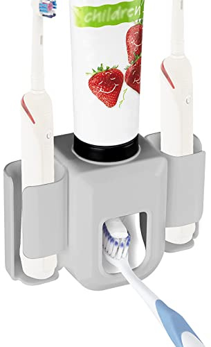 DODAMOUR Soporte para cepillo de dientes, dispensador automático de pasta de dientes montado en la pared, equipado con 1 extrusor de pasta de dientes, 2 soportes para cepillos de dientes eléctricos