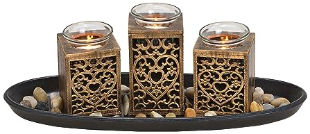 Teelichthalter Dekoset 8-teilig mit Tablett - schwarz/Gold - Tischdeko Set inklusive Steine - Kerzen Tablett Teelicht Halter Tisch Deko Landhaus inklusive Kies