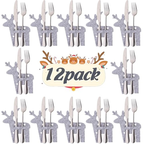 Besteckhalter Weihnachtsbaum 12 Stück Filz Weihnachten Besteckbeutel Grau Elch Besteckbeutel Weihnachten Bestecktaschen Besteckhalter Weihnachten für Besteck Messer Gabeln Löffel Party Tisch