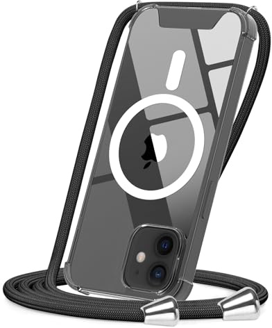CAROKI Crossbody Lanyard Case for iPhone 12 6.1 inch, Magnetic Case Compatible with MagSafe Transparent Slim PC + TPU Clear Phone Case Cover with Lanyard Strap for iPhone 12/12 Pro-Black