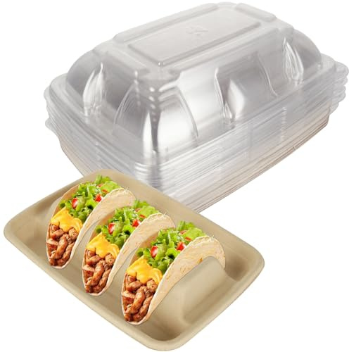 Confezione da 50 supporti usa e getta per tacos con coperchio per feste, piatti di carta di alta qualità con divisori, vassoio per taco Fiesta per 3 tacos, tacos, tacos, set da portata per feste, taco