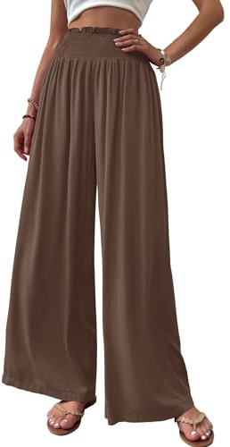 Cicy Bell Damen Hosen Gerade Locker Elastische Weite Beinhose Taille Palazzo Hose Mit Taschen Kaffee S