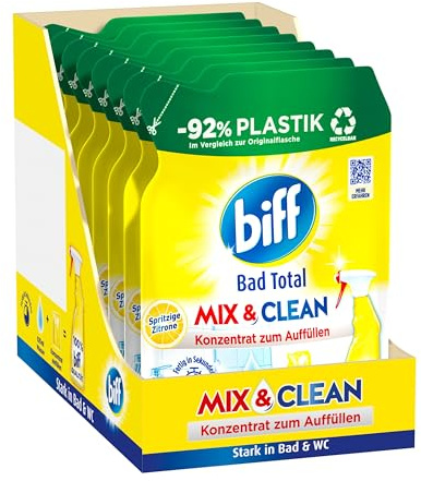 Biff Bad Total Mix & Clean Spritzige Zitrone Badreiniger (8 x 125 ml), Bad Reiniger gegen Kalk & Schmutz, Konzentrat zum Auffüllen mit 92% weniger Plastik, recycelbar