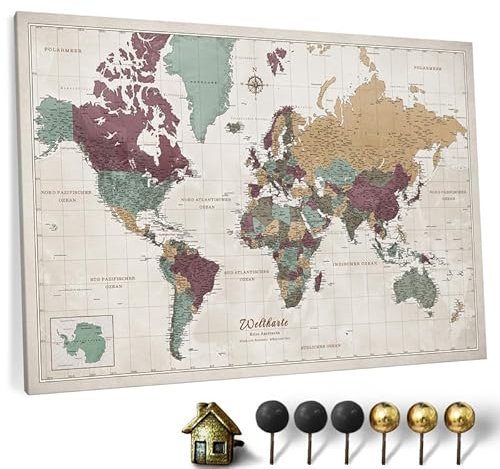 Hochwertige Canvas Weltkarte mit Kork-Pinnwand - Deutsche Beschriftung - Dekorative Wanddeko für alle Zimmer - Leinwandbilder mit Weltkarte Motiv (150x100 cm, Muster 3 Deutsch)