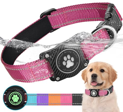 Ytanest Leuchtend Wasserdicht Airtag Hundehalsband, Verstellbar Reflektierend Air Tag Halter Halsband Reflektierend für Kleine Mittler Große Hund, Rot, S