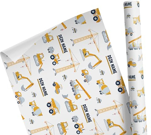 Geschenkpapier Kinder – Motiv: Baustelle personalisiert mit Namen – für Geschenke zu Geburtstag oder Weihnachten – Rolle: 47 cm breit, 3 m lang – Geschenkpapier bedrucken für Mädchen und Jungen