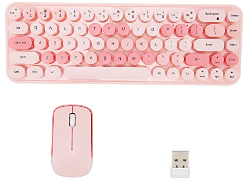Wireless Keyboard and Mouse Combo, 2.4G Thin & Light Cute Cordless USB Keyboard and Mouse Set, 68 Keys Round Keycaps Ergonomic Keyboard & 3 DPI Optical Mouse for PC Laptop (Pink