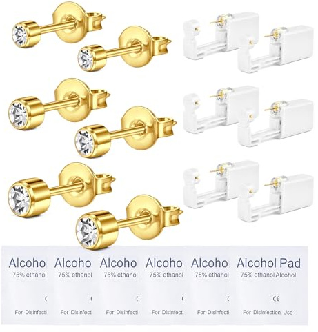 WillTen 6 st öronpiercingkit i silver, guld, engångs öronpiercingkit med öronpiercing, öronpiercingpistol, kit med inbyggda dubbar, piercingkit, piercingpistol, självpiercingpistol