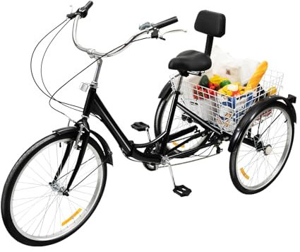 Kanbihao 24 Zoll Dreirad Für Erwachsene, 7-Gang-Lastenfahrrad, 3 Rad Fahrrad Mit Einkaufskorb Und Rücksitz, Sitzhöhe Verstellbar(29,5-36,2 inch), Schwarz