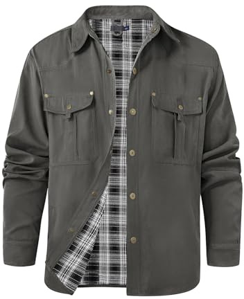 Voqeen Veste Homme Mi Saison Blouson Homme Printemps Été À Manches Longues En Tissu À Carreaux Décontracté Veste Demi Saison Robuste À Boutons-Pression Veste D'extérieur Doublée De Flanelle