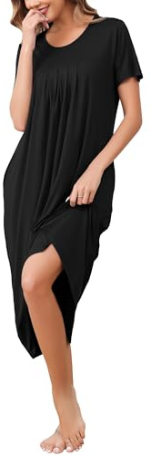Vlazom Women's Long Nightgown Pleated Casual Nightdress Short Sleeve Soft Nighties Nightwear with Pockets,Black,3XL