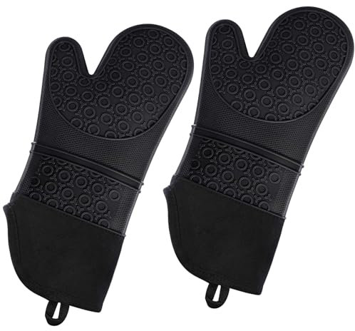 Alimat PluS Silicone Oven Gloves Heat Resistant, Oven Mitts with Cotton Lining for Baking, Cooking (Black)