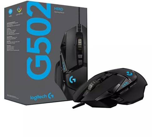 Logitech G502 Hero - Ratón para juegos óptico con cable ajustable (sensor Hero 25K, 25600 DPI, RGB, pesos ajustables, 11 botones programables, PC/Mac, color negro
