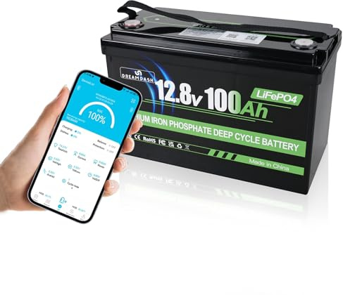 12V 100Ah LiFePO4 Battery Lithium Rechargeable with Bluetooth BMS, Capacity ≥ 80% after 4500+ cycles, works from -10℃ to 55℃, for RV, Boat, Campervan, Backup Power, Home Energy Storage