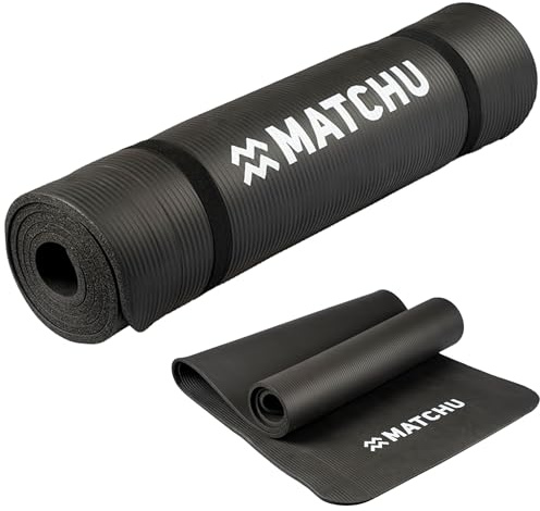 MATCHU – Fitnessmatte – Yogamatte – Sportmatte – Inklusive Tragegurt – Rutschfest – Grau – 180 x 60 x 1 cm – Aus strapazierfähigem NBR
