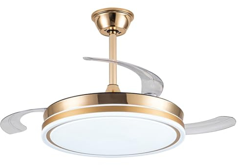 HABITMOBEL Ventilador de Techo Con luz 3 Aspas Retráctiles Dorado Ø106x36-53cm Lámpara:ø45cm Mando a Distancia