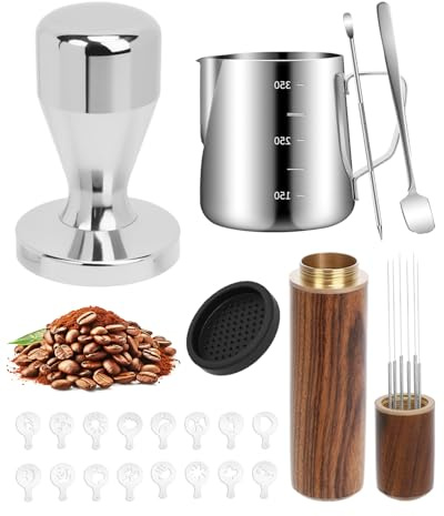 Haliya Kaffee Tamper 51mm Set 22tlg. für Espresso | mit WDT Tool, Milchkännchen mit Skala, Latte Art Stift & Löffel, Tampermatte, 16 Schablonen, hochwertiges Barista-Zubehör