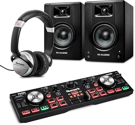 Numark DJ2GO2 Touch DJ Controller and M-AUDIO BX4 Pair Studio Monitors with Headphones for Studio Recording, Music Production, Podcasting, Streaming