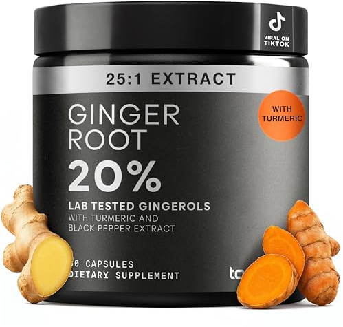 Toniiq Ginger Root Capsules – Ultra High Potency 25:1 Extract with 20% Gingerols – with Curcumin & Black Pepper for Synergy – Lab Tested – 60 Capsules