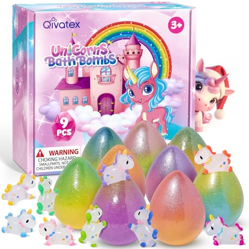 Qivatex Bombe da bagno con unicorno per ragazze con giocattoli all'interno, biologica naturale