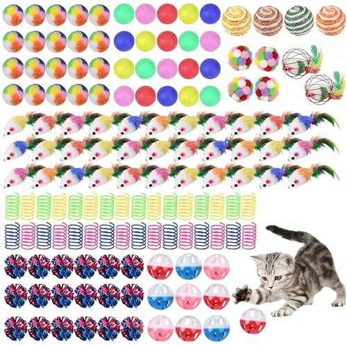 Cat Toys for Indoor Cats, 150 Pack Interactive Cat Toy Set for Kitten | Cat Toys Variety Pack with Cat Mouse Toy, Colorful Springs,Color Bell Balls,etc.,Fun Enrichment for Indoor Cats and Kittens