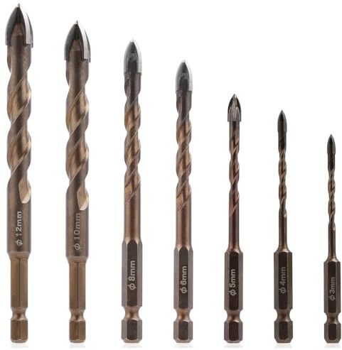 Zohino Juego de 7 brocas para azulejos, vástago hexagonal de 1/4 pulgadas, diámetro de 3-12 mm, broca de cerámica universal para metal, ladrillo, vidrio, plástico, madera