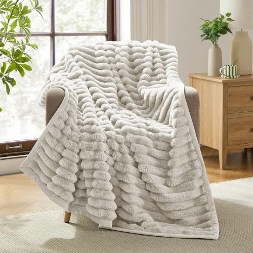 Luxury Elegant Soft Fleece Throw Blanket for Bed Couch Sofa Living Room | Modern Contemporary Striped Pattern Linen Half White Color 8inW X 17inL Size | All Season Fluffy Warm Plush Comfy - Full Size