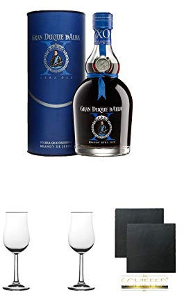 GRAN DUQUE D´ALBA - X.O. - 0,7 Liter + 2 Bugatti Nosing Gläser mit Eichstrich 2cl und 4cl + 2 Schiefer Glasuntersetzer eckig ca. 9,5 cm Ø