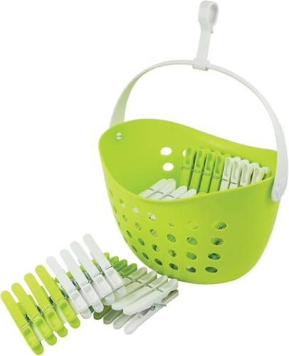 LAGUELLE - Korb mit 48 rutschfesten Klammern, recycelt, grüner Korb, Verschiedene Klammern (grün und weiß)