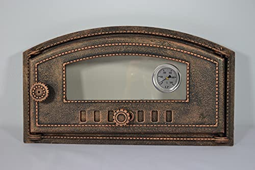 SEZAM Puerta de horno de hierro fundido con cristal resistente al calor, apertura a la derecha, puerta de pizza, horno de pan, puerta de piedra, 48,5 x 6,5 x 27,5 cm, semicircular, pintura color cobre