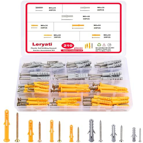 210pcs Screws and Wall Plugs Set, Leryati M5/M6/M8 Wall Plugs and Screw (105 x Masonry Screws, 105 x Expansion Anchor Bolts), Plastic Walls Anchors and Screw Kit for Walls Hanging and MountingTV Mount