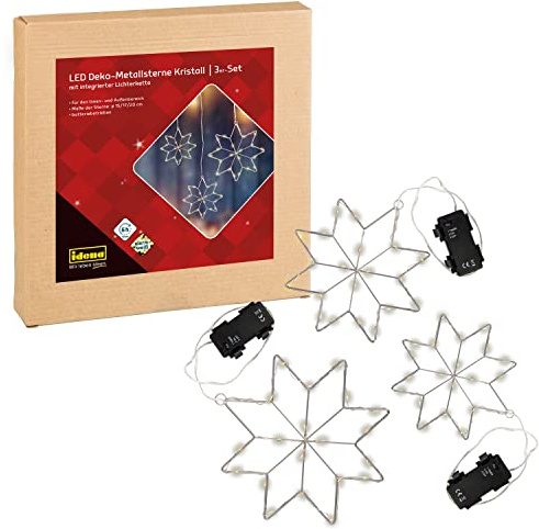 Idena 31810 - LED Deko Sterne mit integrierter Lichterkette in Warmweiß, 3er Set Kristall Leuchtsterne aus Metall, mit 6 Stunden Timer Funktion, batteriebetrieben, für Innen & Außen, Weihnachtsdeko
