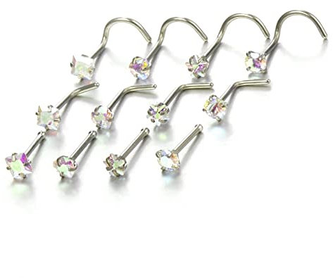 BCughia Nasenring Piercing, Septum Ring Silber 12 Stück 20G 0.8mm Stabstärke Edelstahl Gerader Stab Gebogener Stab Zirkon Piercing Freundschaft Geschenk