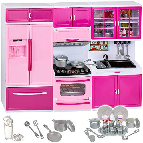 Puppenhaus Möbel - Sound & Licht - 31 cm groß - Kühlschrank/Gefrierschrank + Spüle + Backofen - Miniatur für Puppenstube - passend für alle gängigen Modepup..