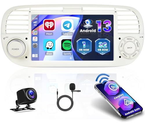 Wireless Carplay Autoradio für FIAT 500 2007-2015 mit 7 Zoll Bildschirm Touch Display Android Autoradio mit Navi Bluetooth WiFi USB FM RDS Rückfahrkamera Canbus(Weiß)