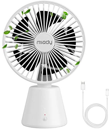 Miady Ventilatore da tavolo silenzioso, 5000 mAh, con USB, oscillazione a 135°, 3 velocità, batteria ricaricabile USB C, mini ventilatore per scrivania, casa e ufficio, bianco
