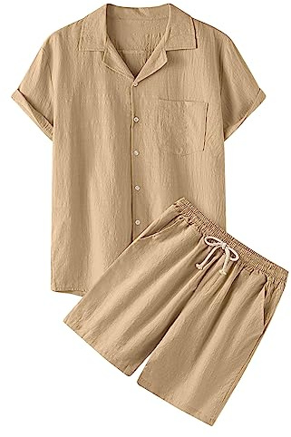 Celucke Zweiteiler Herren Leinenanzug Sommer Freizeitanzug Einfarbig 2-teilig Kurzarm Button-Up Revers Hemd und Shorts Beach Shirt Kurze Hose Set Baumwolle Leinen Anzug