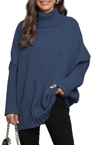 QUNERY Maglione Donna Oversize Dolcevita Pullover Autunno Inverno Morbido e Comodo Maglione e Allentato da Casual A-Blu Navy
