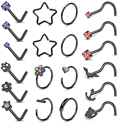 ZS 20G Black Corkscrew L Shaped Nose Rings for Women, Surgical Steel Nose Rings Hoop, Bats Skull Halloween Nostril Studs Nose Piercings Jewelry (A)